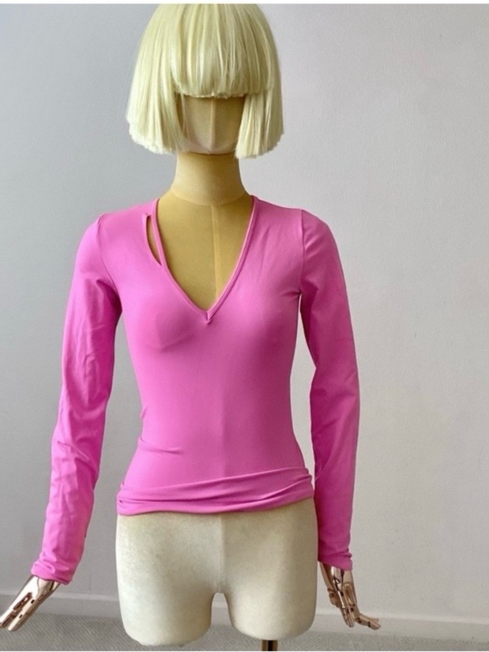 Helmut Lang Bright Pink Long Sleeve V-Neck Top SZ XS